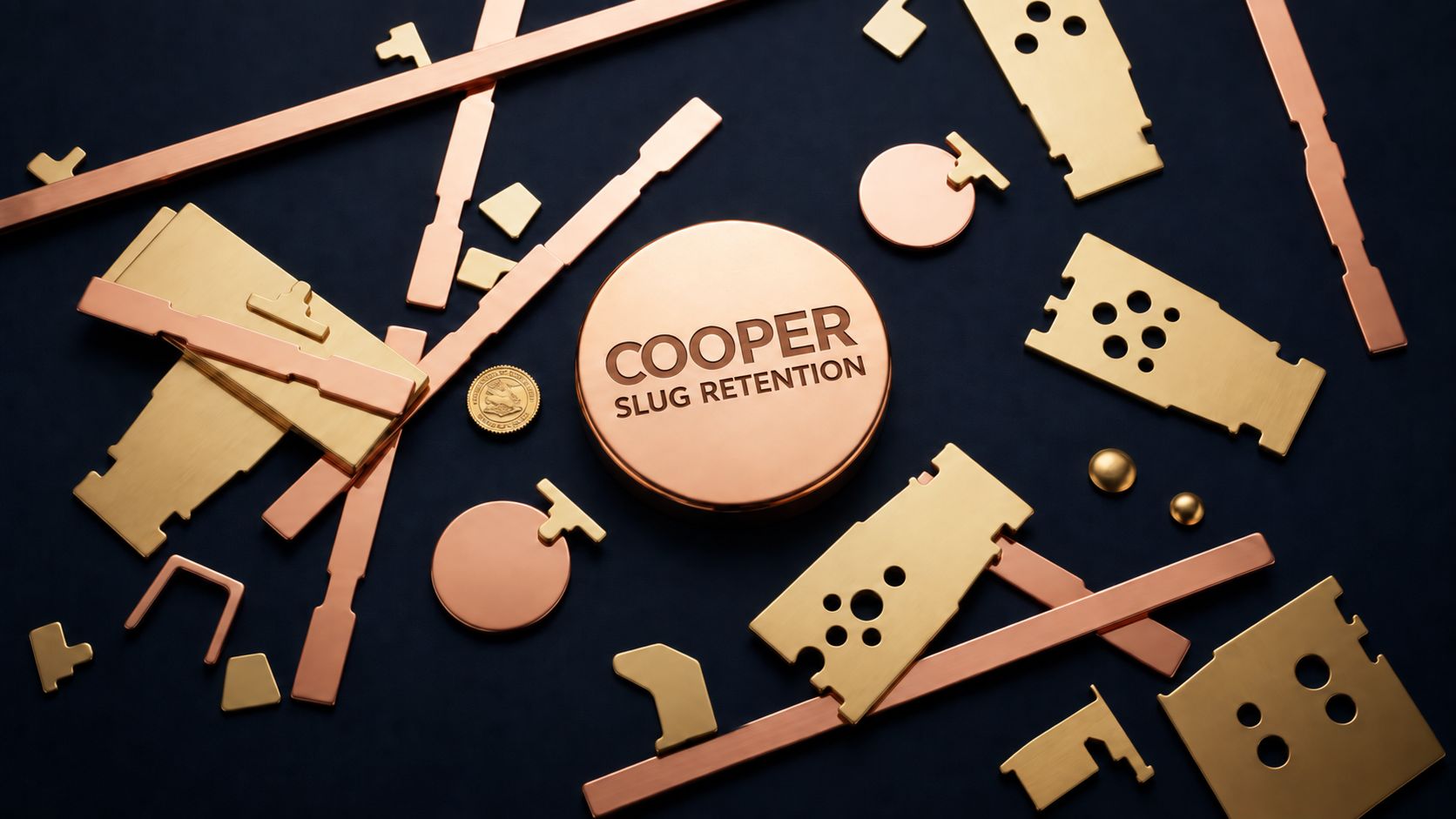 Copper medallion engraved Cooper Slug Retention, surrounded by gold and copper stamped metal parts.